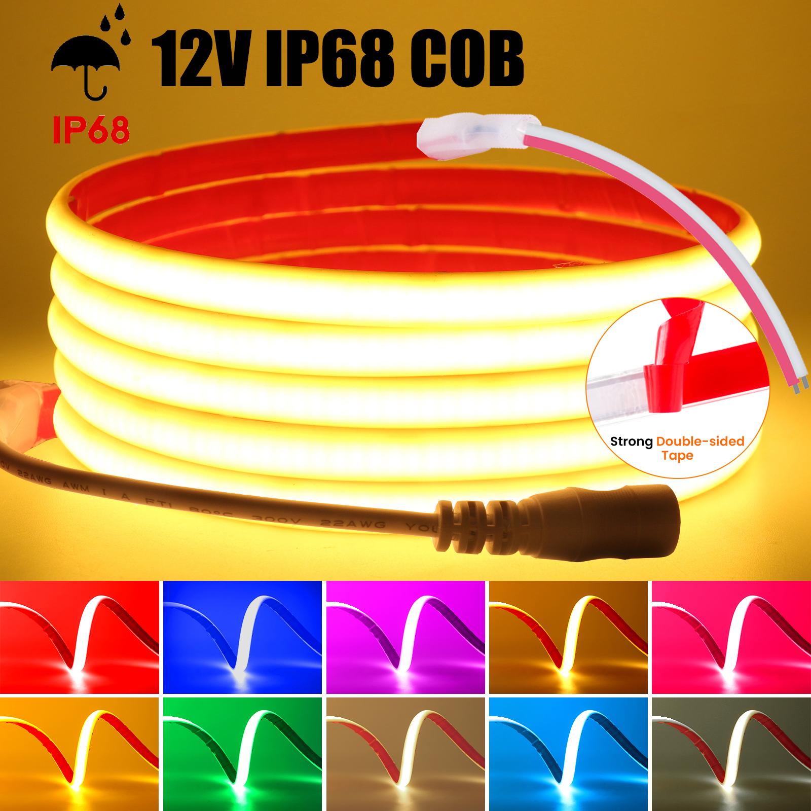 IP68 lampu Strip LED COB tahan air 12V 320LED/m pita Neon LED fleksibel untuk kolam renang luar ruangan lampu Linear kepadatan tinggi