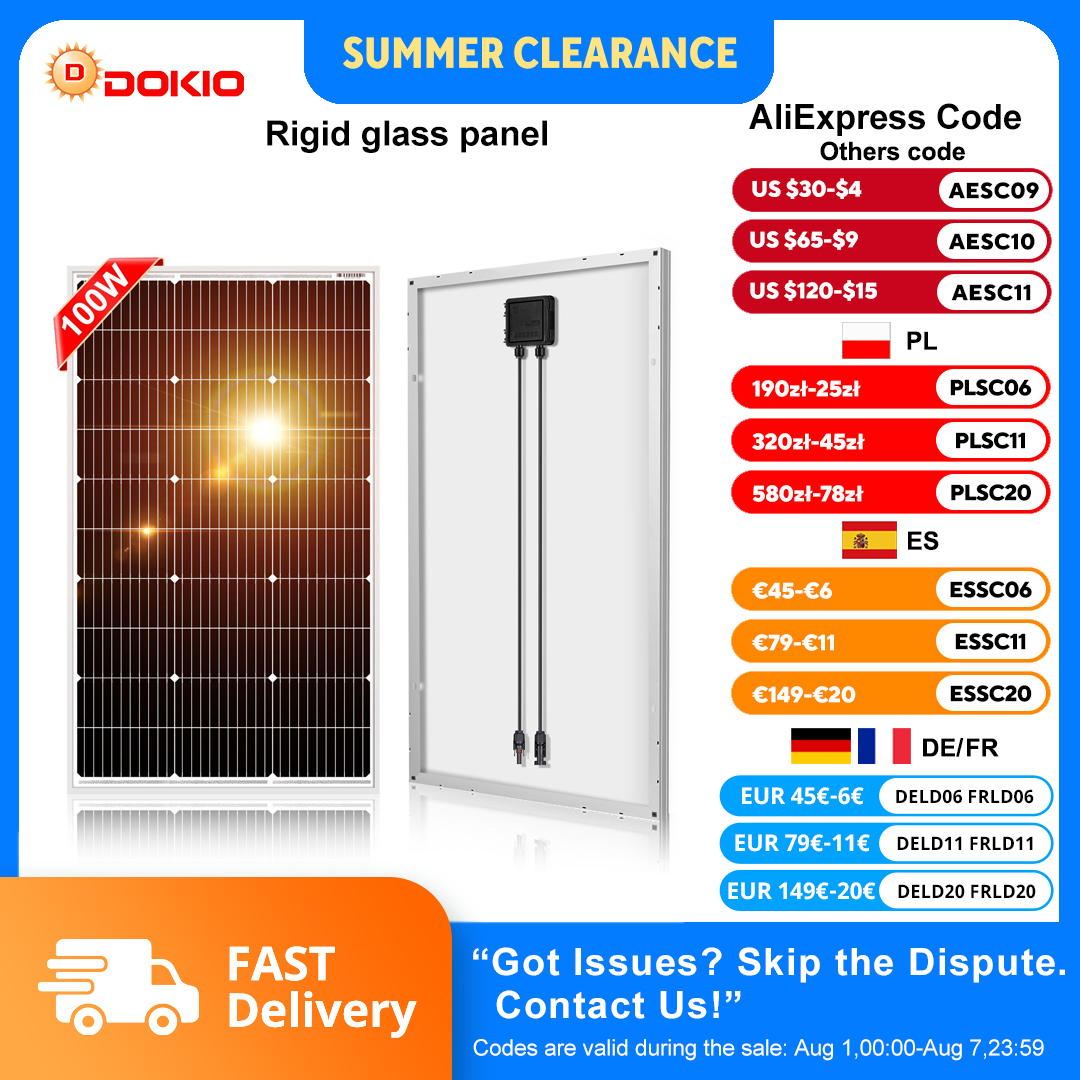 DOKIO 18V 100W Panel solar rígido China 18V Silicio monocristalino Panel solar impermeable Carga 12V # DSP-100M Camping/Hogar/RV