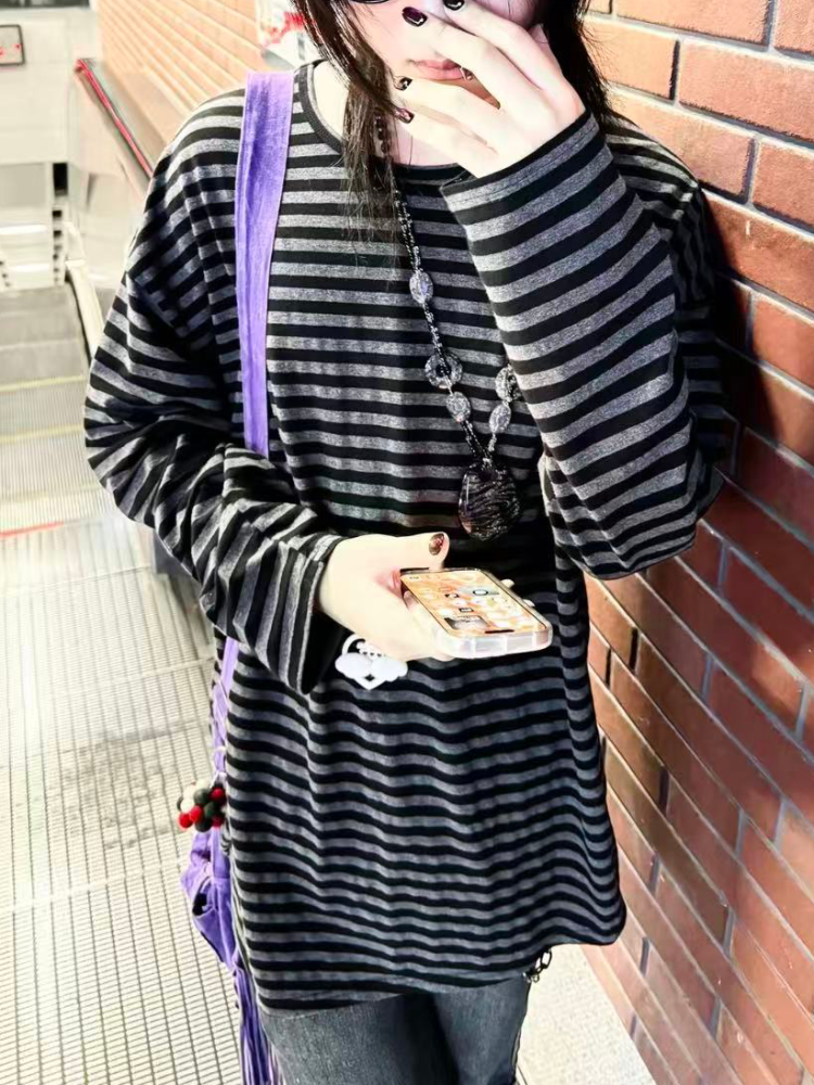 Ropa japonesa Y2k, camiseta de manga larga, Tops a rayas de otoño para mujer, Top holgado y fino Grunge de los años 2000, ropa de calle