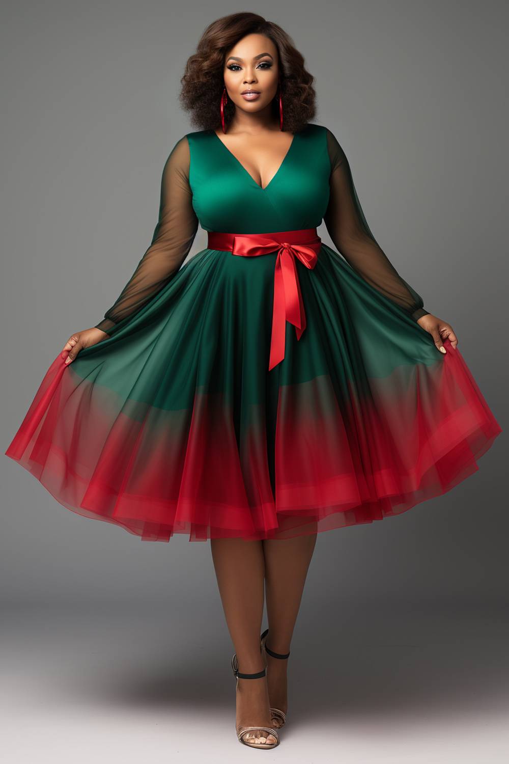 Minivestidos de tul envolventes transparentes, talla grande, Navidad, verde esmeralda, degradado, cuello en V, manga acampanada, manga larga