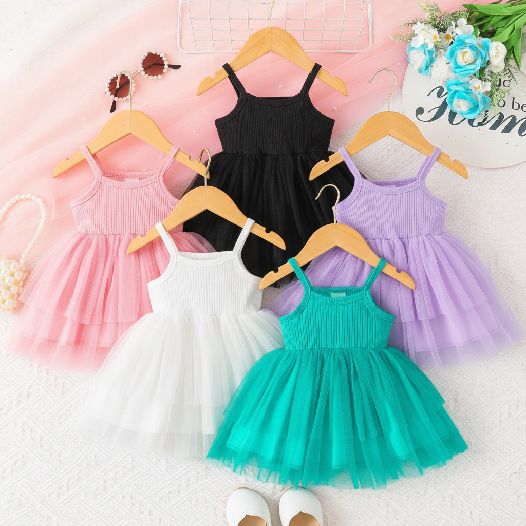 Abiti Estivi per Bambine, Vestito a Tulle con Spalline in Tinta Unita 0-2 Anni, Abito da Festa per Neonati, Carino e Traspirante in Rete