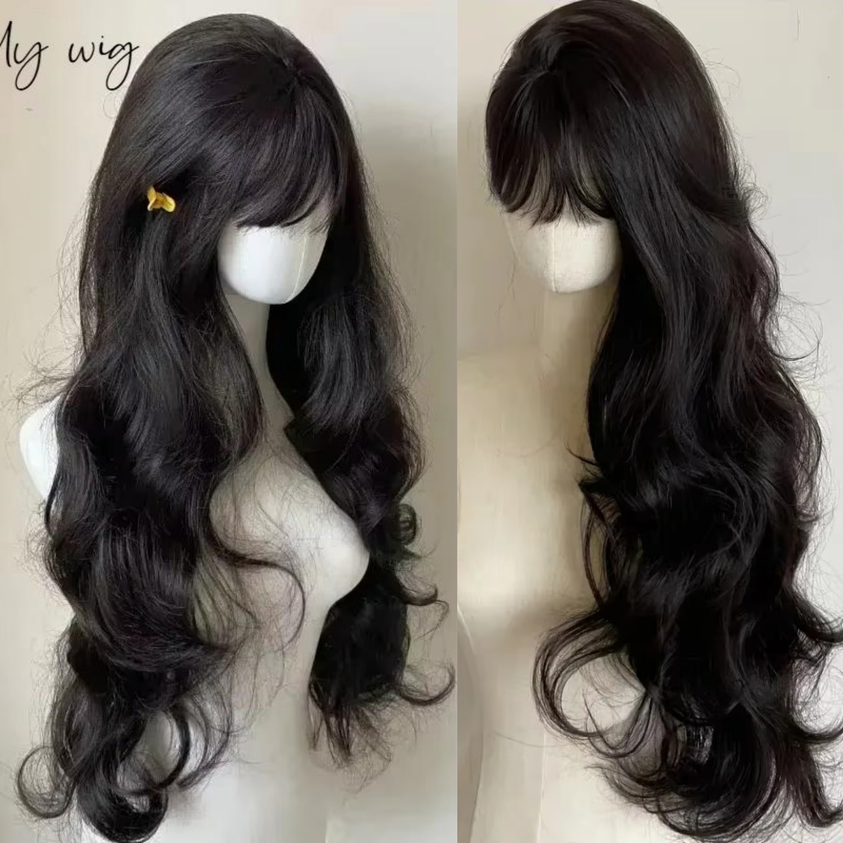 Peluca negra Lolita para mujer, pelo largo ondulado, peluca rizada de 32 pulgadas con flequillo, diadema para Cosplay, pelucas sintéticas para uso diario