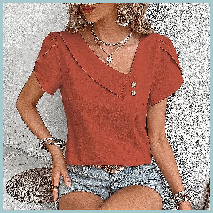 Blusa de Color Sólido Vintage de Verano 2024 para Mujer, Top Elegante Casual de Corte Ajustado, Camisa Juvenil a la Moda