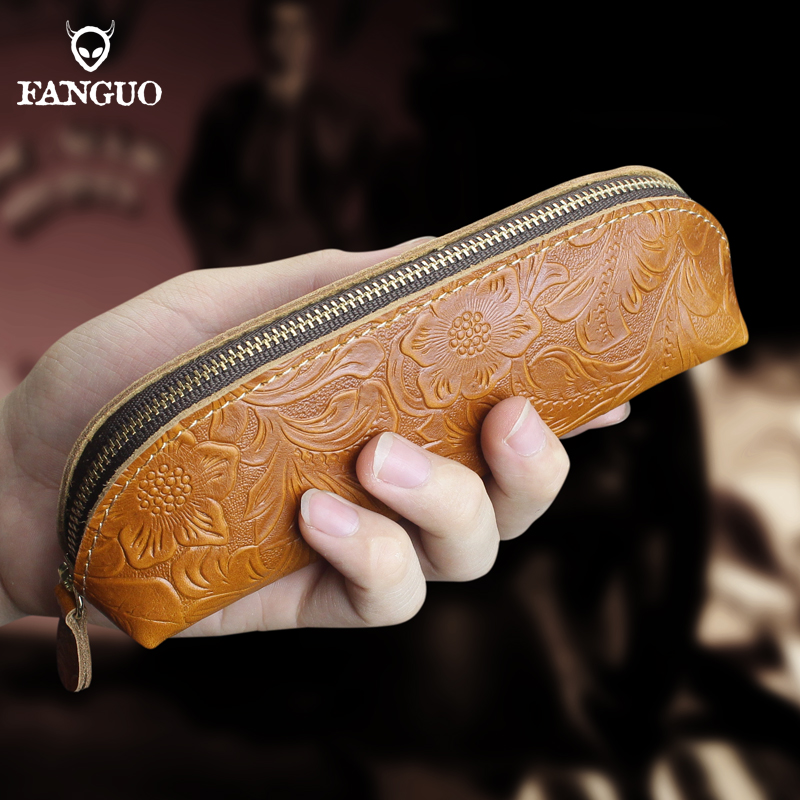 Saco de lápis de couro genuíno vintage, forma triangular simples, couro cor caso, bolsa de armazenamento para canetas, papelaria, escola