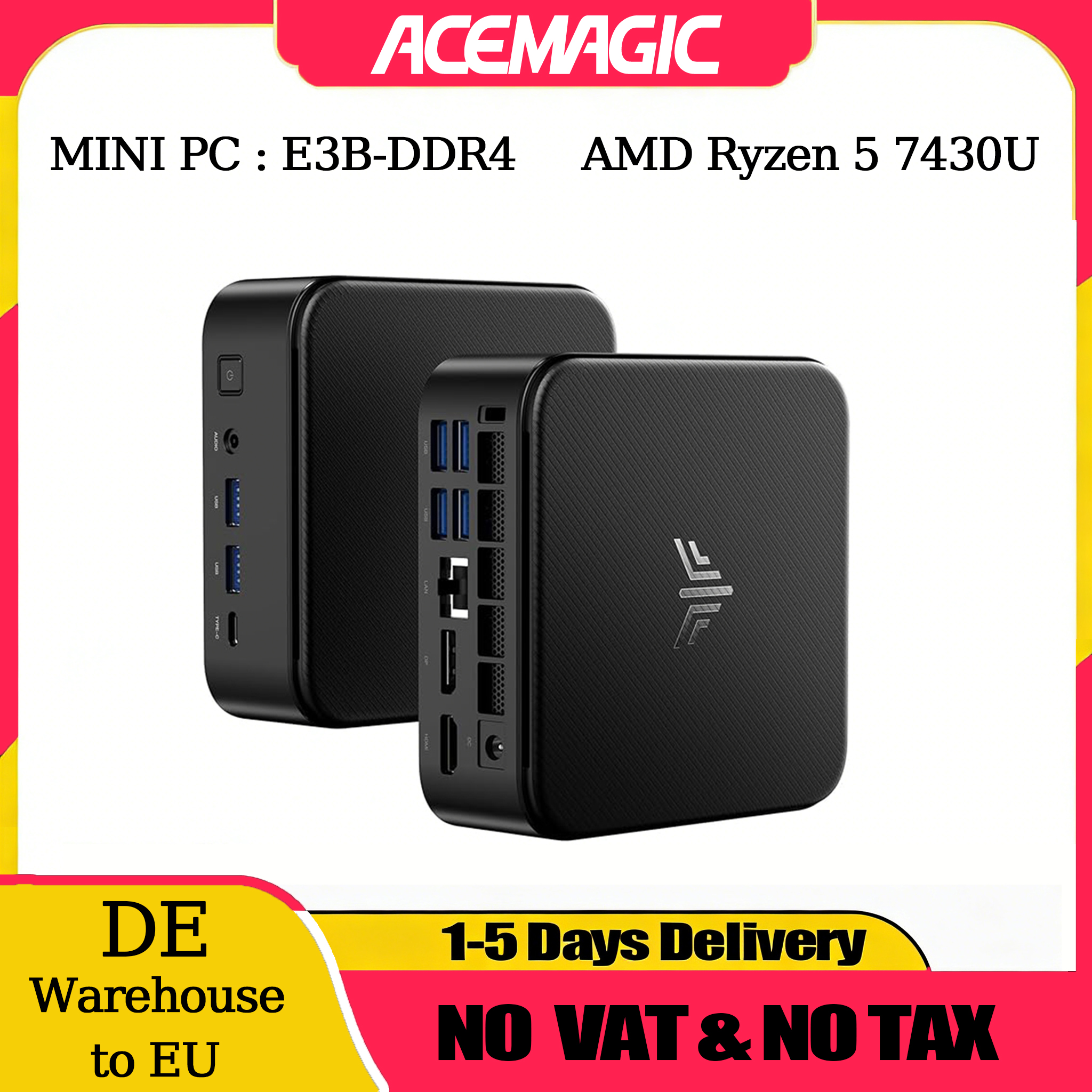 Mini PC NIPOGI com AMD Ryzen 5 7430U, 16GB DDR4, 512GB SSD M.2, Mini PC para Jogos com USB Tipo-C, Suporta Três Monitores 4K
