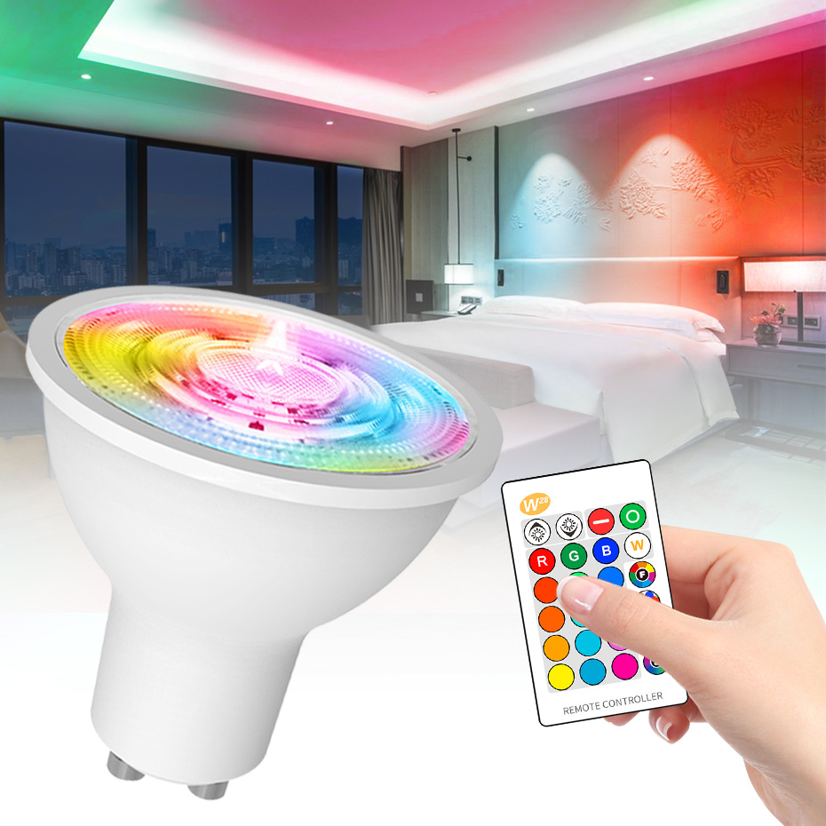 Bohlam LED GU10 8W Lampu Sorot RGB Bohlam LED Dapat Diredupkan Lampu 16 Warna Bohlam Dekorasi Rumah AC 85-265V RGBW RGBWW dengan Remote Control IR