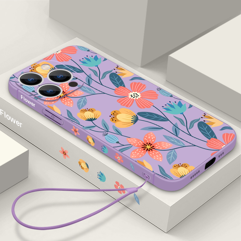 Flowers Soft Silicone Lanyard Case For iPhone 17 16e 15 16 Pro Max 12 13 14 11 Pro Max 17e Shockproof Bumper Strip Phone Cover