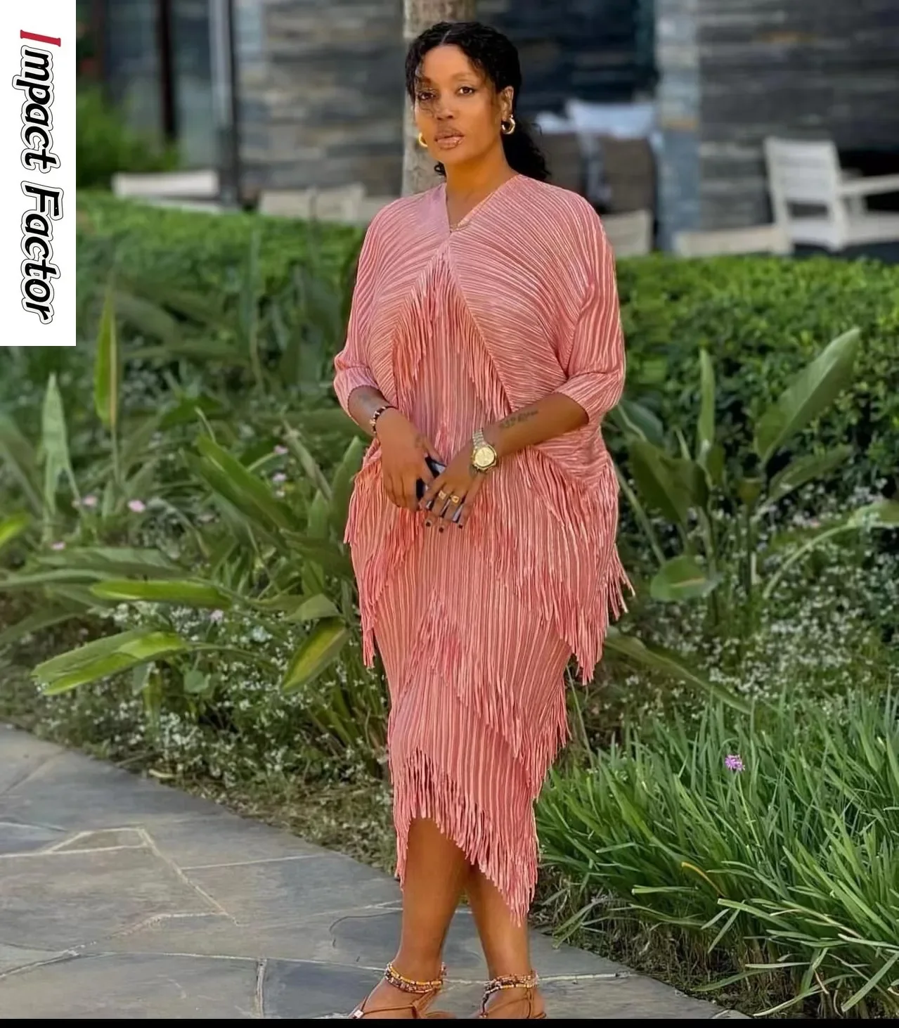 2024 Miyake abito con maniche a pipistrello con scollo a v e scollo a v pieghettato Fashion Western-style Loose women's Casual Party western Vestido con frange