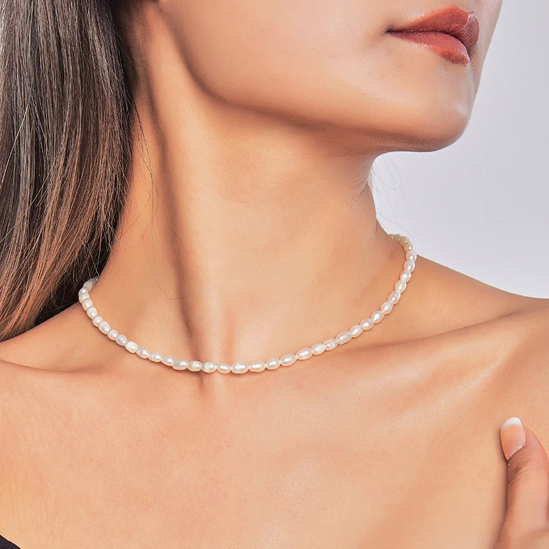 HENGSHENG tamaño pequeño 4,5-5,5mm collar de perlas blancas naturales de agua dulce forma de arroz joyería de plata S925 de moda para mujeres y niñas