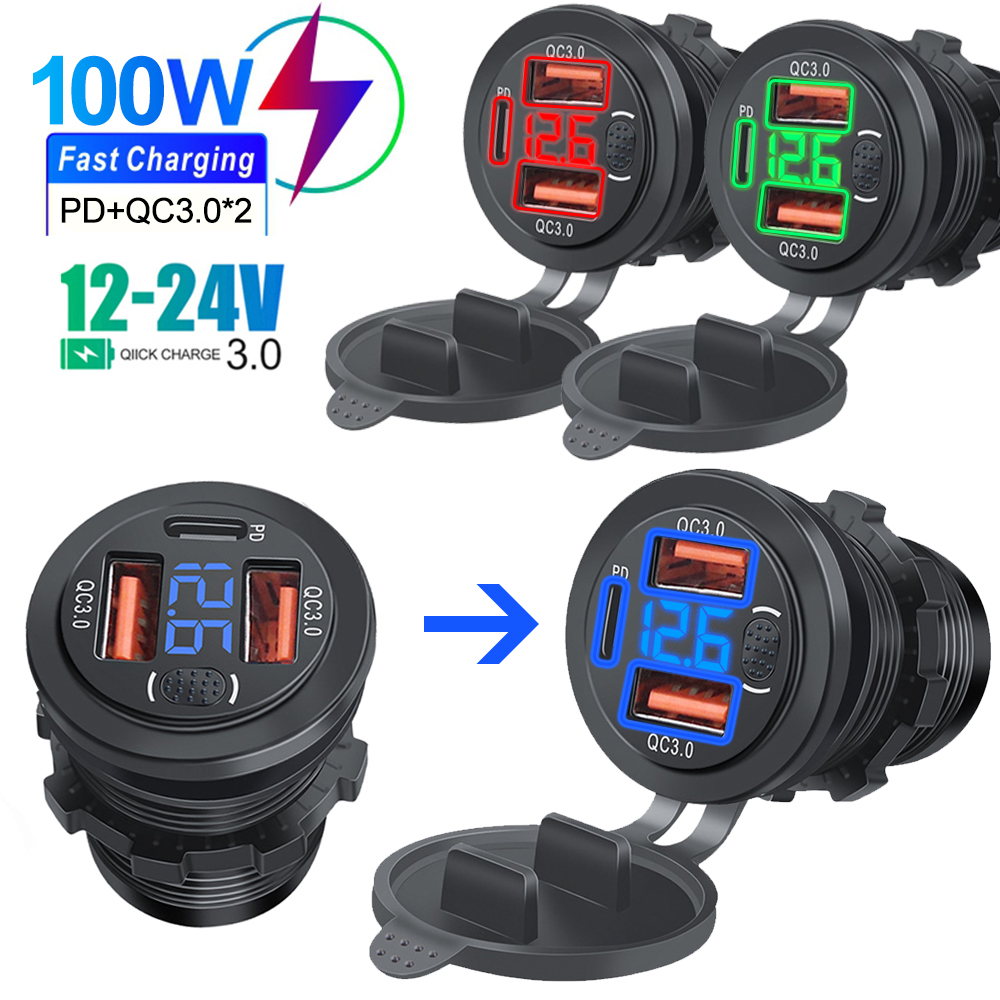 Cargador de coche de tres puertos PD Dual QC3.0 USB con interruptor de botón de voltímetro Digital 12V/24V para motocicleta y coche