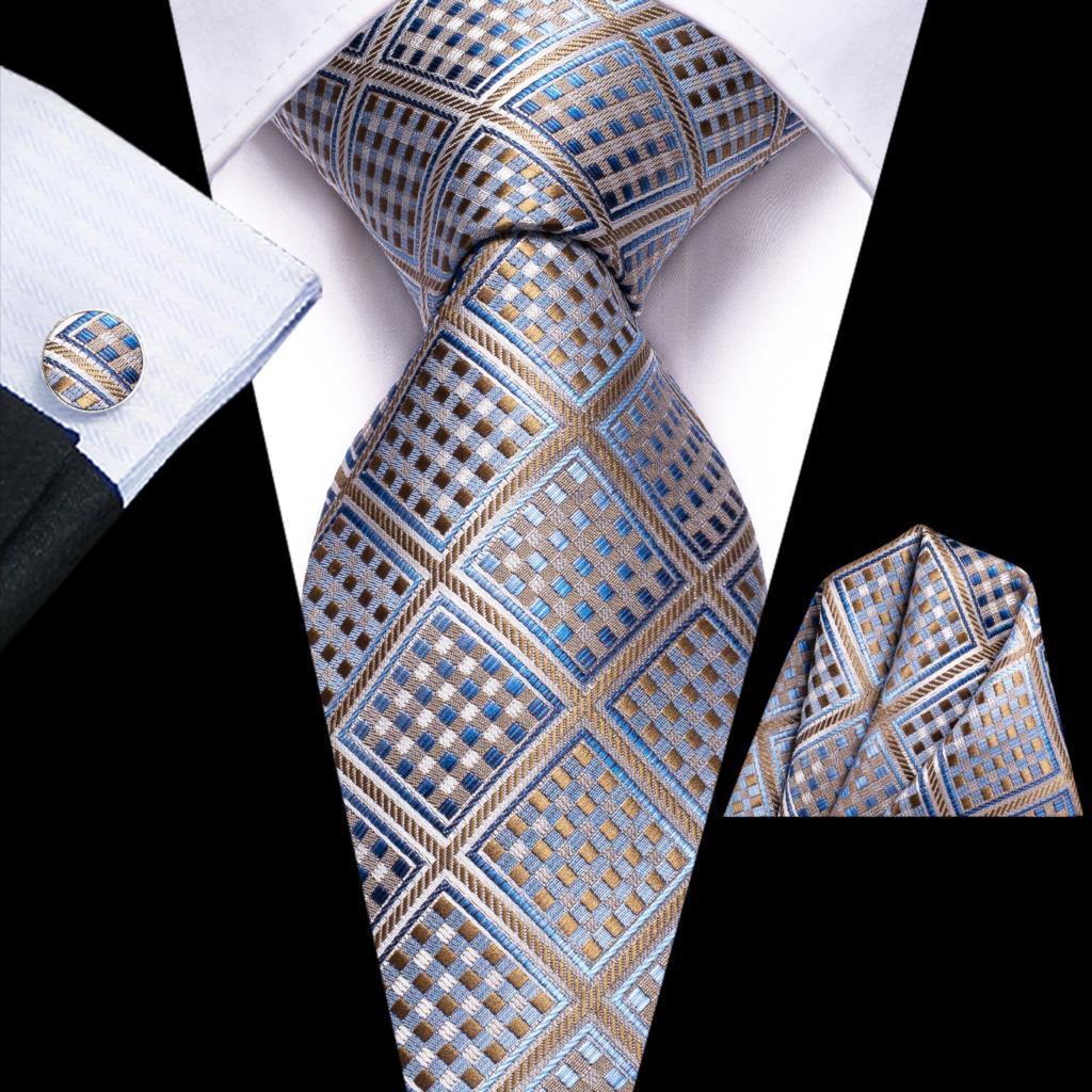 Plaid Bruin Blauw Zijde Bruiloft Stropdas Voor Mannen Handky Manchetknoop Gift Mannen Stropdas Fashion Business Party Dropshipping Hi-Tie designer