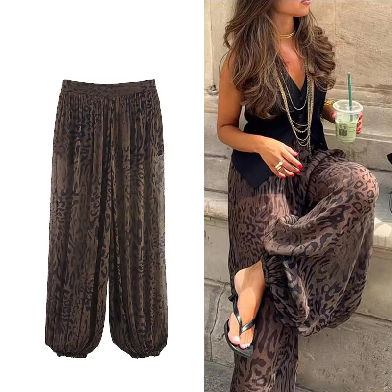 Casual chique lanterna calças femininas vintage animal impresso calças translúcidas moda 2025 outono streetwear