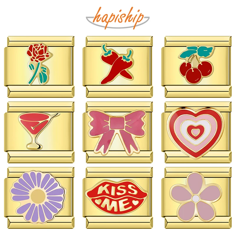 Hapiship แฟชั่นดอกไม้ Cherry Heart Kiss Me Pepper Golden อิตาเลี่ยน Charm Links Fit 9 มม.สร้อยข้อมือ Drop Shipping เครื่องประดับ DJ1373-B