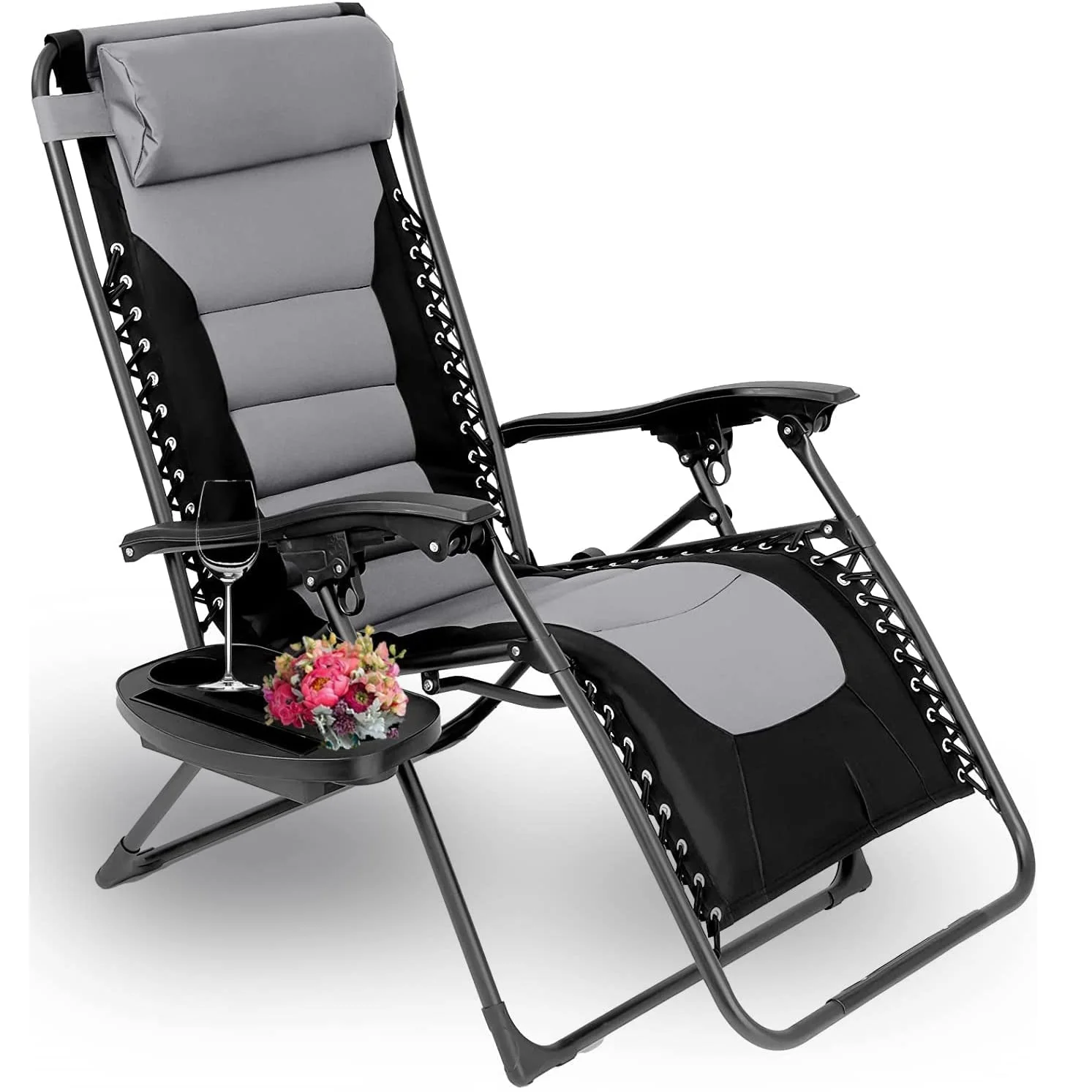 Sillón acolchado de gravedad cero, sillón reclinable plegable para Patio con reposacabezas ajustable y portavasos, soporte para tumbonas de 160kg
