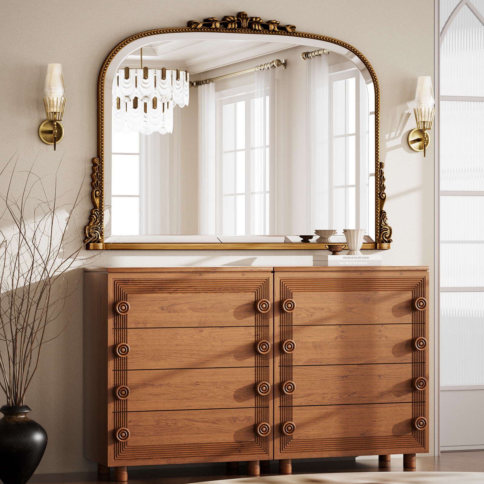 BEAUTYPEAK miroir de vanité arqué miroir de décoration Vintage miroir de soins personnels mural miroir de douche de beauté