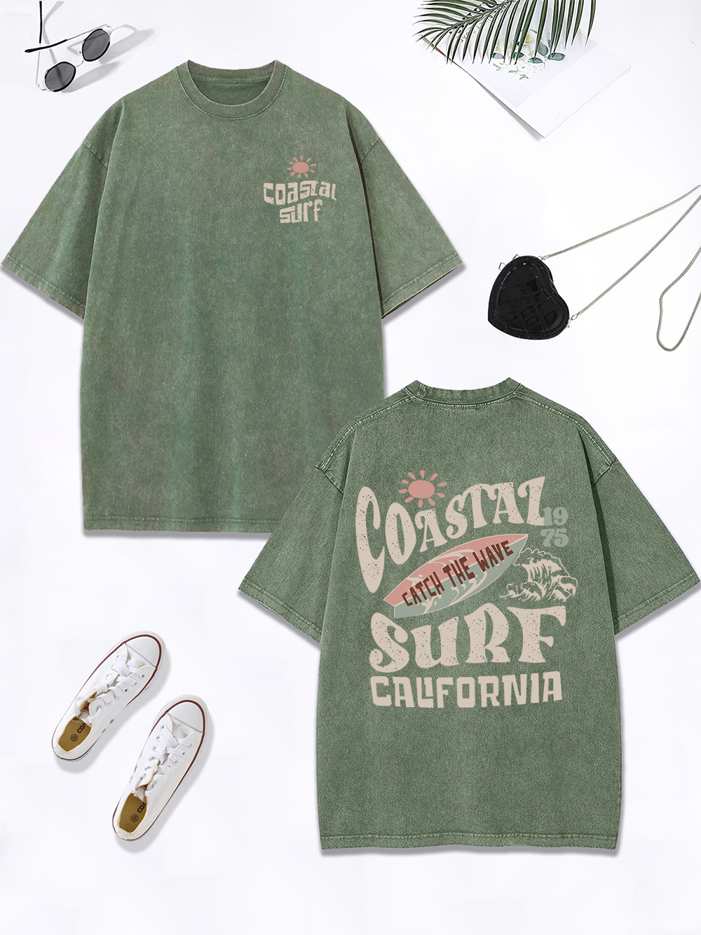 Coastal Surf Catch The Wave California Prints Gewassen T-shirt Vrouwen Katoen Oversize Tops Verontruste O-hals T-shirt Zomer Kleding