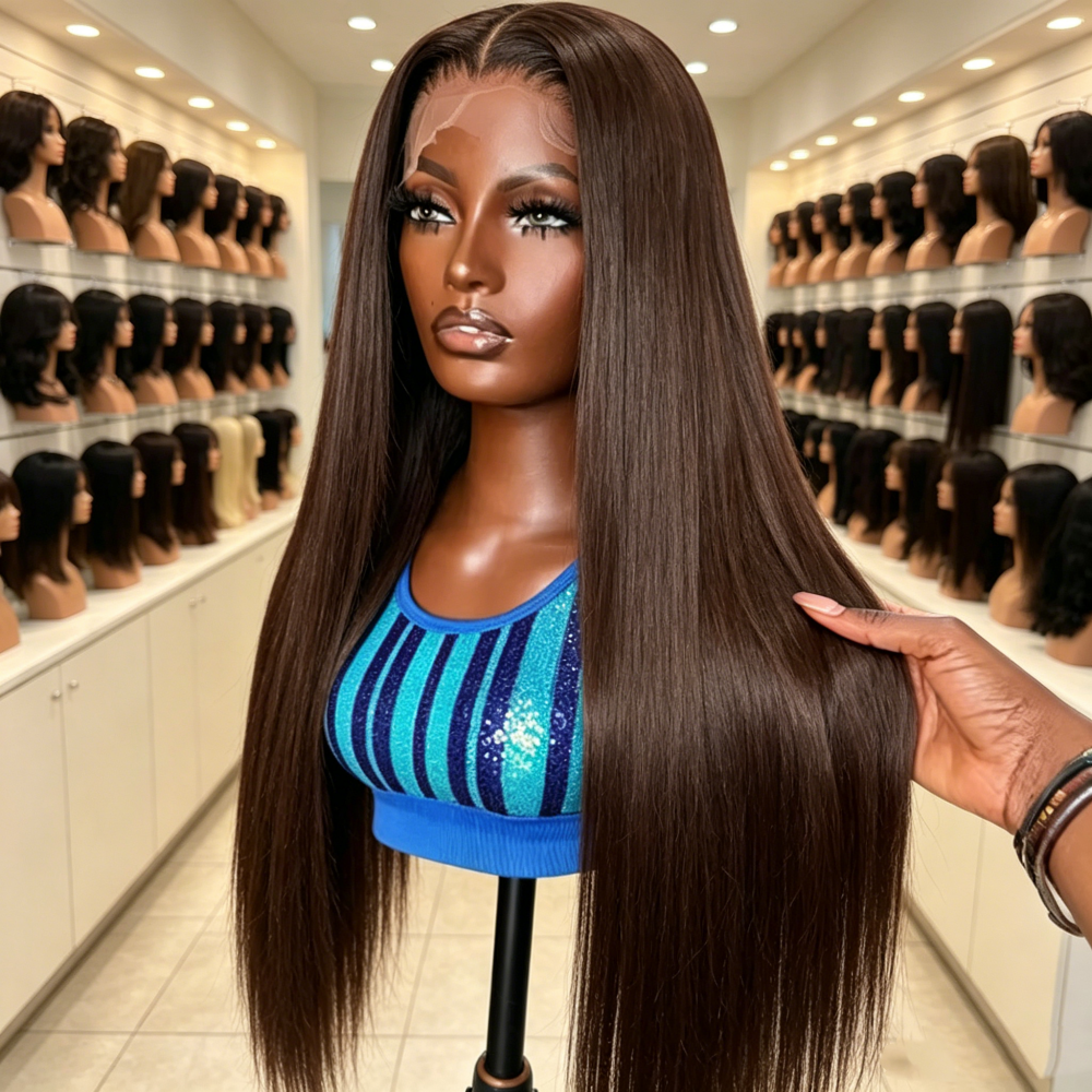 Parrucche Lace Front 13X6 Marrone Cioccolato, Capelli Umani Lisci 13X4, Frontale in Pizzo 30-36 Pollici 2 #   Parrucca color castano 100% capelli brasiliani per donna
