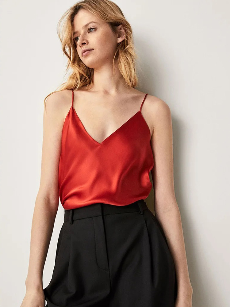 Top Senza Maniche in Raso di Seta 2026, Canotta con Spalline, Top Halter con Scollo a V, Canottiera Bianca Base Estiva da Donna