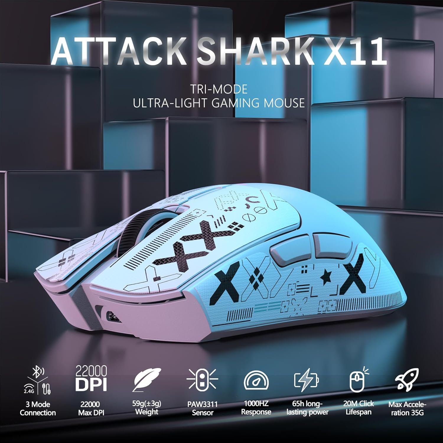 ATTACK SHARK X11 Kabellose Gaming-Maus mit magnetischer RGB-Ladestation, kabelgebunden/2,4 G/BT, 22 K DPI, ultraleichter 59 g Tri-Mode mit Klebeband