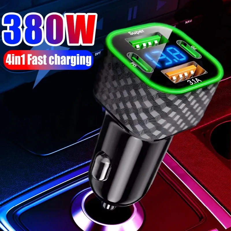 Cargador de teléfono móvil para coche de 380W, Dual PD, Dual tipo C, pantalla Digital 4 en 1, cargador automático DC 12V/24V, adaptador de carga súper rápida