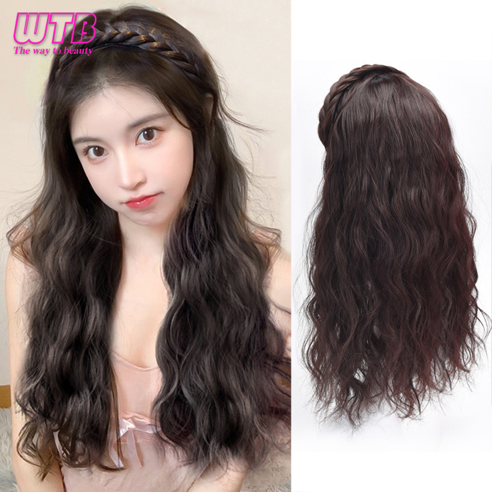 Wtb-女性のための合成ロングカーリーウィッグ、遊び心のある編組ヘア、ヘアバンド、ハーフヘッド、天然拡張