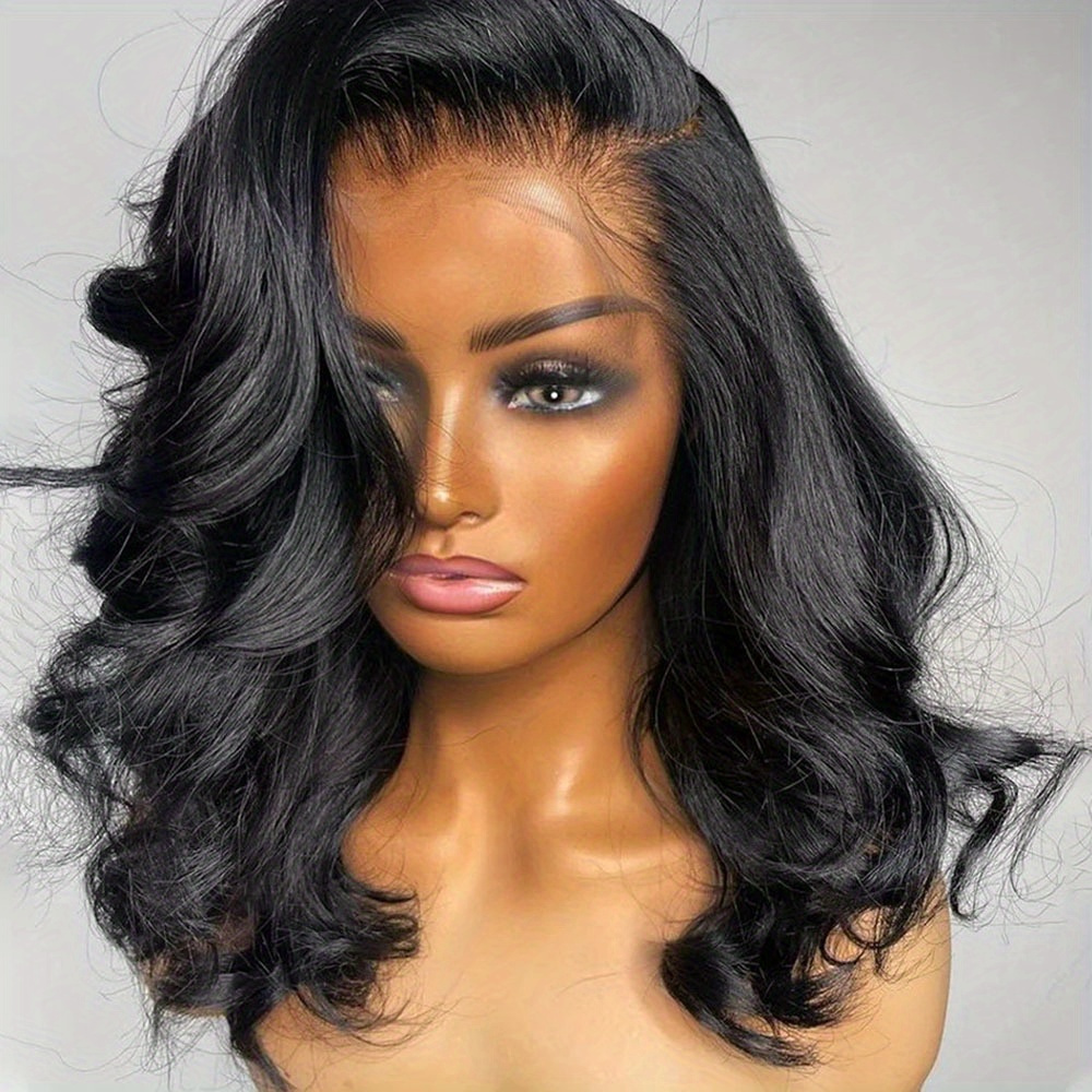 Peruca Bob Brasileira com Ondas Corporais, Peruca Frontal de Renda, Cabelo Humano, Linha do Cabelo Natural, Curta Ondulada, Peruca Frontal 13x4 Pré-arrancada, Cabelo Remy