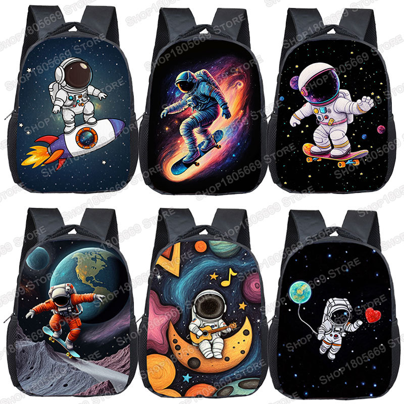 12-Zoll-Rucksack mit Astronauten-Raketen-Skateboard-Gitarre im Weltraum für 2–4 Jahre alte Kinder, Schultaschen, Büchertasche, Kindergarten- und Kleinkind-Tasche