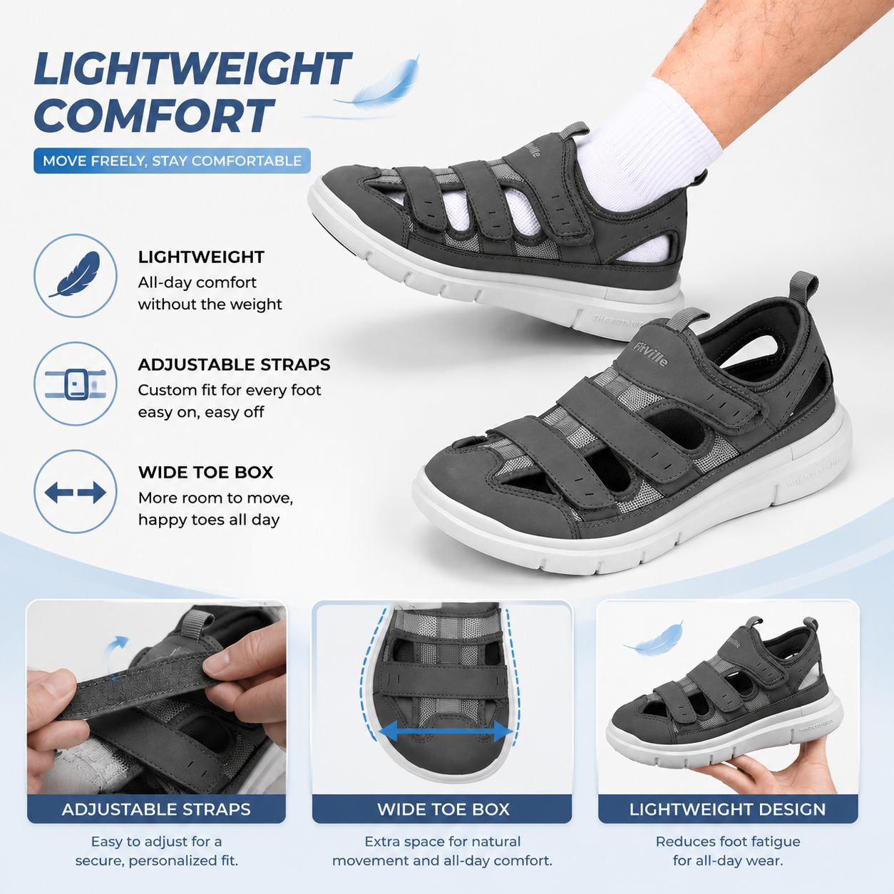 FitVille Sandálias Masculinas Alargadas Sapatos de Diabetes Sapatos Casuais Masculinos Leves para Fascite Plantar Suporte de Arco Alívio da Dor