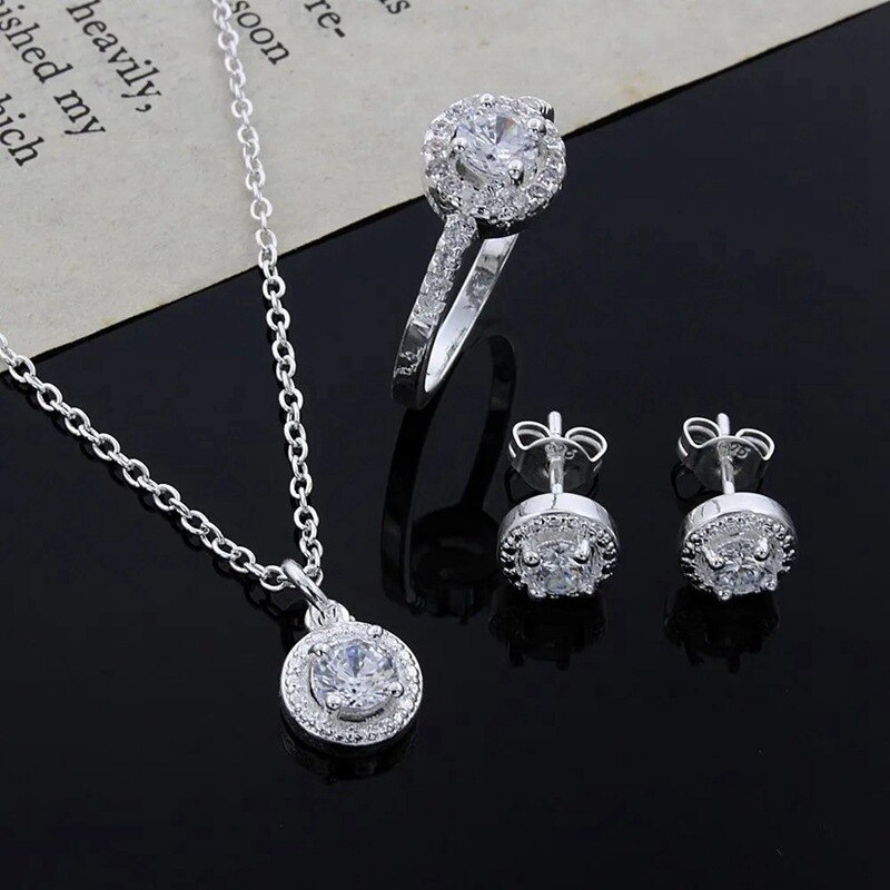 Ensemble de bijoux plaqués argent brillant, collier, bague, boucles d'oreilles, modèles féminins, style de luxe léger, laiton avec contre-indiqué, 4 pièces