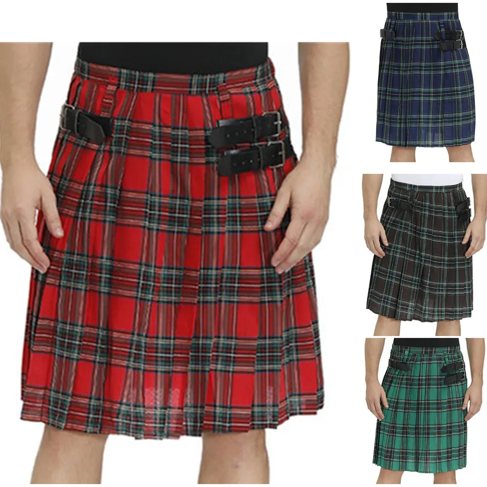 Scottish Mens Traditional Kilt With Bilateral Belt Highland Tartan Pleated Male Kilt