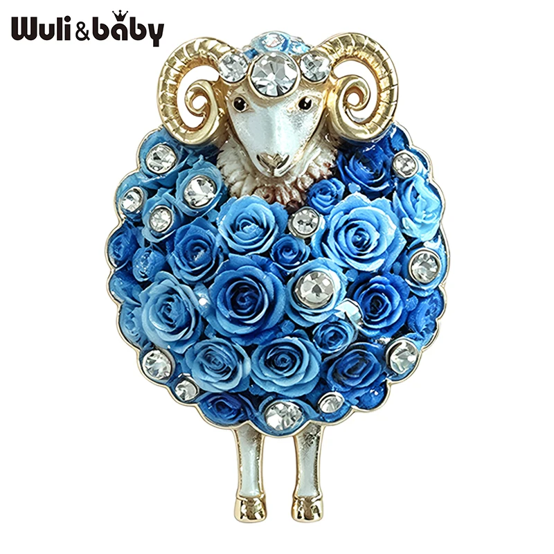 Wuli&baby Lovely Flower Sheep Brooches For Women Unisex 7-color Rhinestone Year Of The Sheep Animal Party Office Brooch Pin Gift