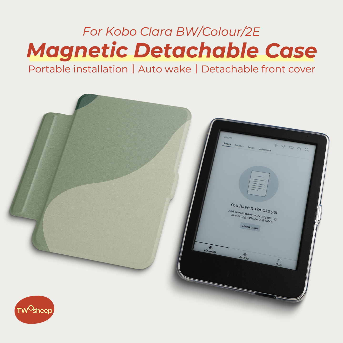 Twosheep suit for Kobo Clara BW Clara Colour Clara 2E 6inch Case Magnetic Detachable Cover Clear Back Minimal Solid Color Style
