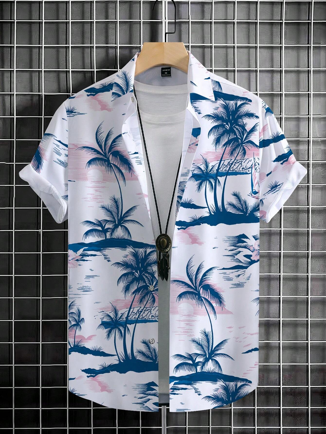 Camicia da uomo con risvolto a maniche corte con stampa grafica albero di cocco Top Camicie casual da uomo abbottonate per l'uso quotidiano estivo e il resort