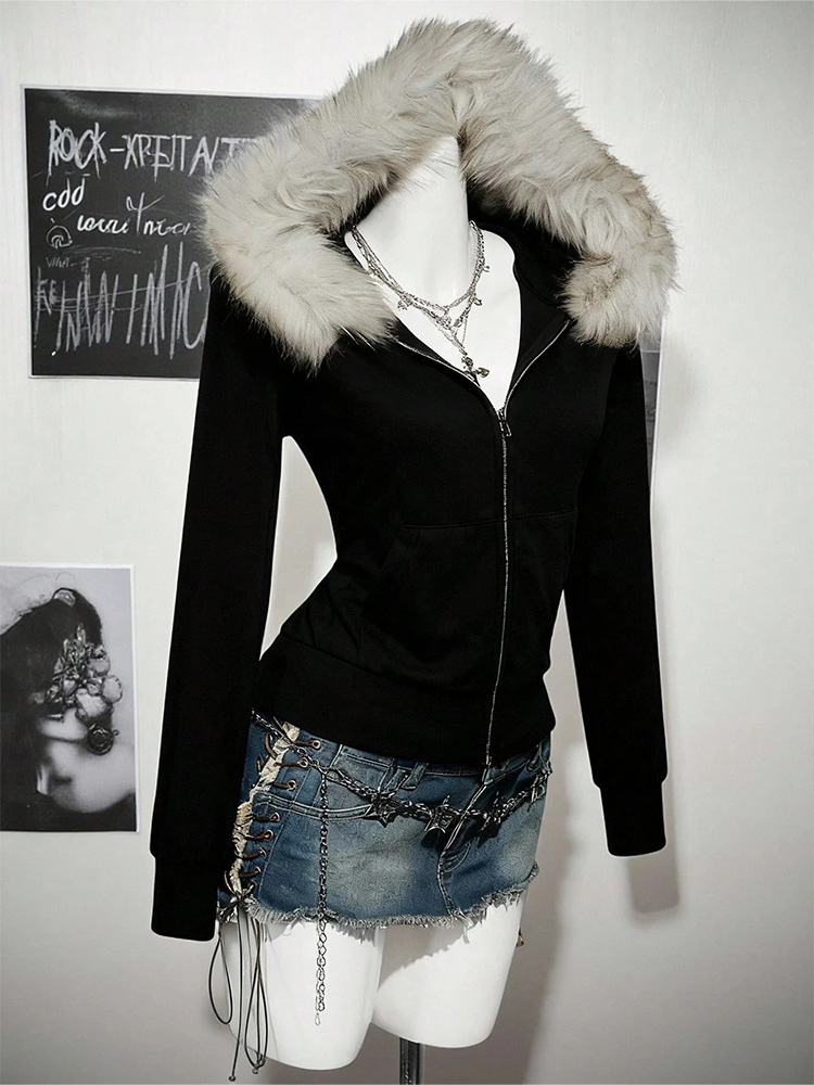 Sudadera con capucha gótica Y2K Harajuku para mujer, cárdigan Sexy ajustado y elegante con cuello de piel de ante y estampado de letras, ropa de calle femenina