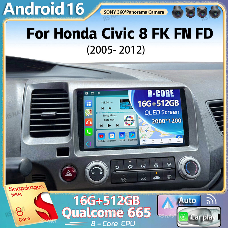 Autoradio Android 16 per Honda Civic 8 FK FN FD 2005-2012, Lettore Multimediale Video 2K QLED con GPS, 4G e CarPlay Stereo