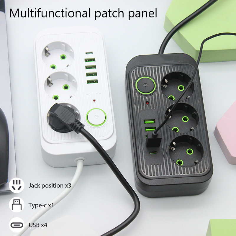 EUプラグ電源タップ 2m延長ケーブル マルチプレス 3ACコンセント 電源ソケット 4USBポート 1Type-Cポート ネットワークフィルター 急速充電対応