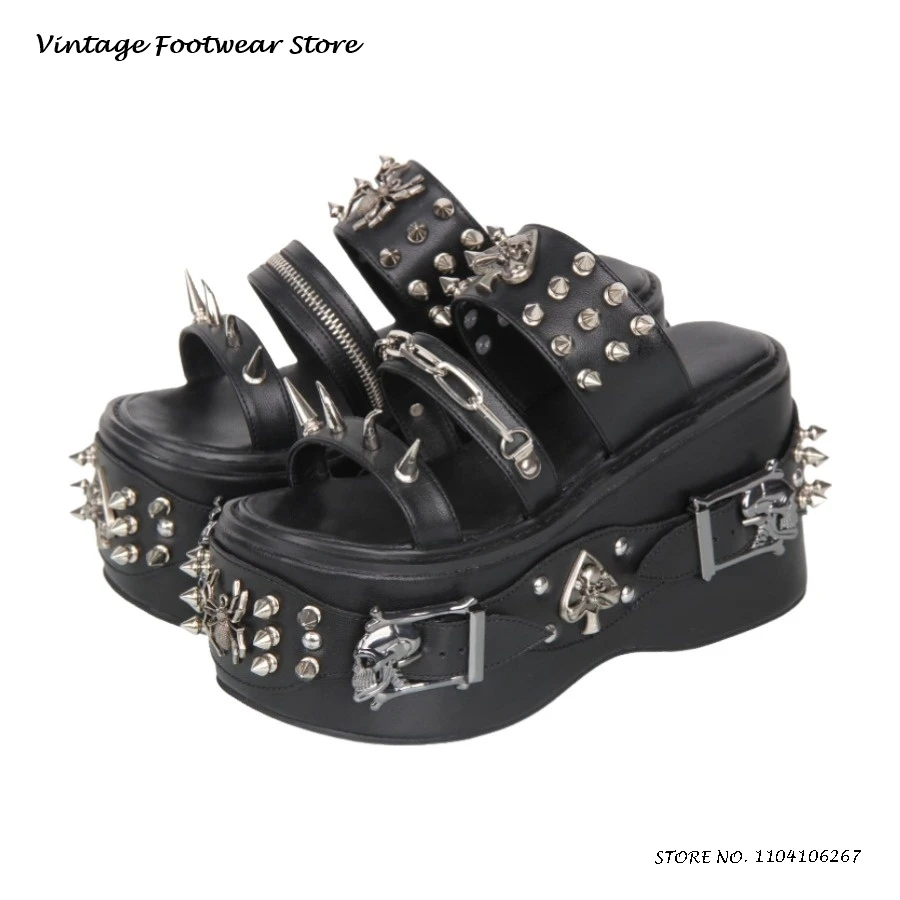 Punk Style Metal Rivet Platform Shoes Round Open Toe Pull On Height Increasing Footwear Summer Street Style Modern Slippers