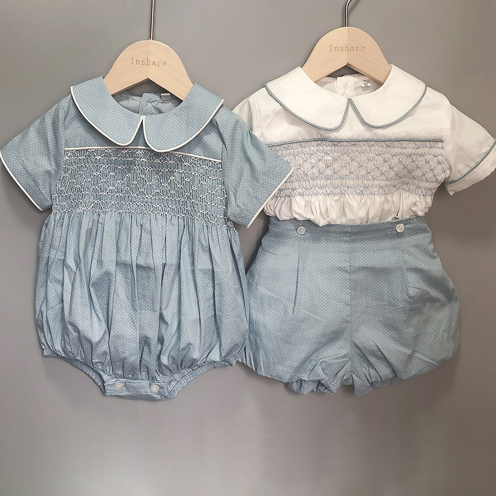 Dzieci Boutique odzież chłopiec i dziewczynka ręcznie Smocked haftowane zestaw bawełny z krótkim rękawem BABI chrzciny odzież garnitur