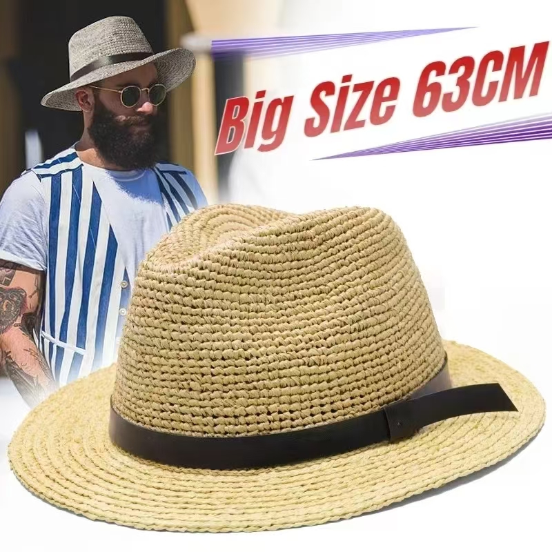 Plus Size 63CM Lafite Grass New Panama Straw Hat Męski i damski kapelusz przeciwsłoneczny Cztery pory roku Plażowy kapelusz przeciwsłoneczny