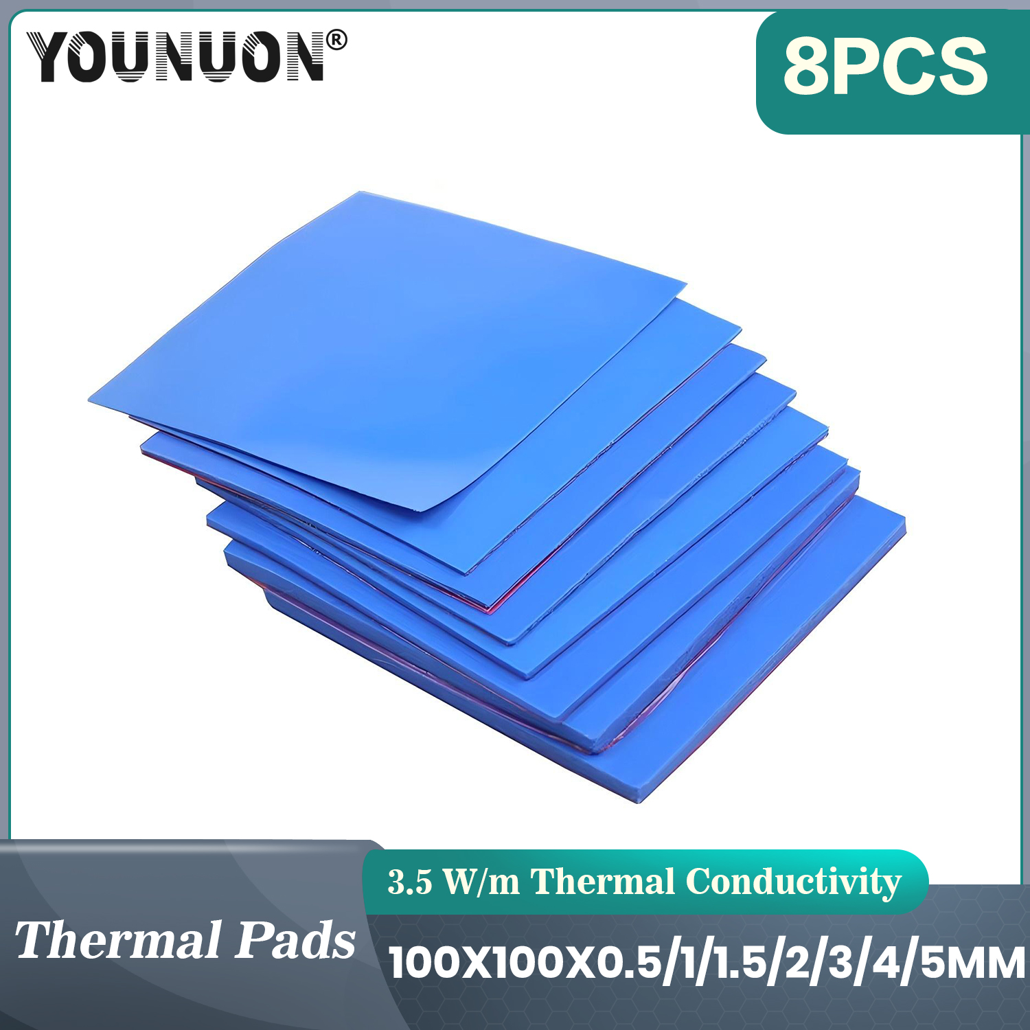 8 stks YOUNUON 100x100x0.5mm 1mm 1.5mm 2mm 2.5mm 3mm 4mm 5mm Blauw Wit Groen Combinatie Thermische Pads Koeling Geleidende Siliconen