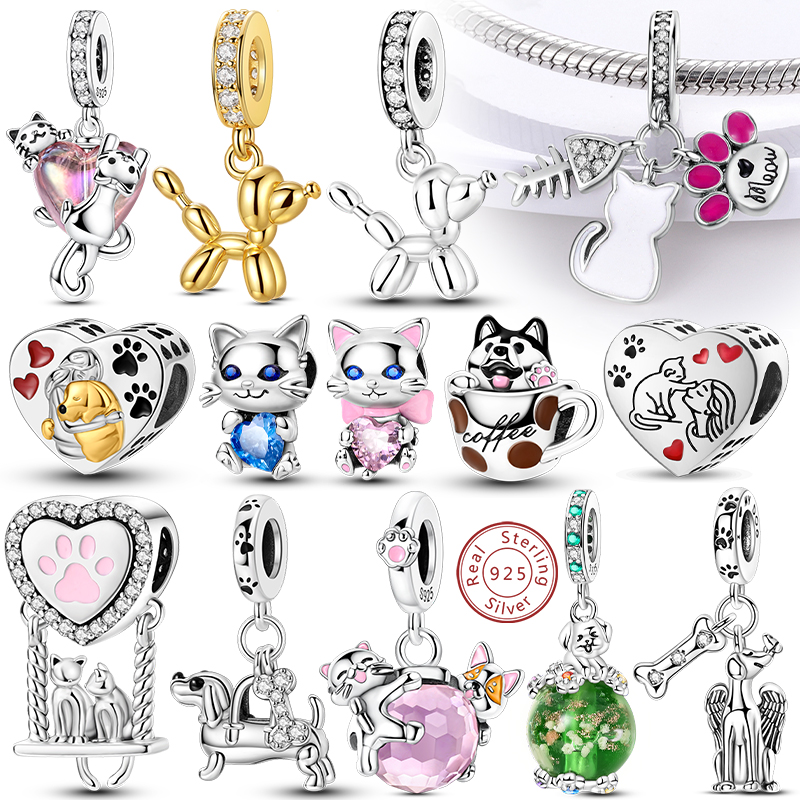 Dijes de Plata de Ley 925 con estampado de pata de perro y gato, abalorios de amor para mascotas, aptos para pulseras originales, collares, colgante, joyería DIY para mujer