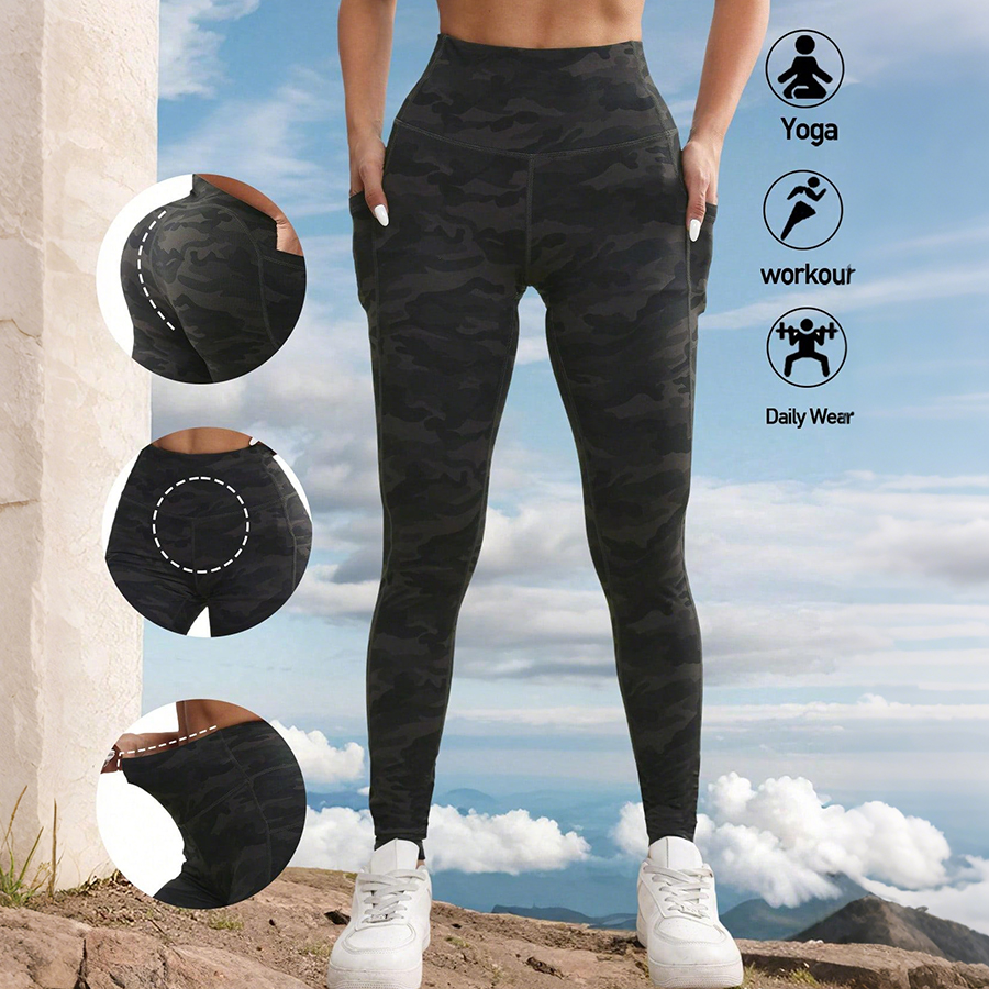 Camouflageprint Dameslegging met zakken Hoge taille Butt Lifting Workout Panty Slanke elastische broek Vrijetijdskleding