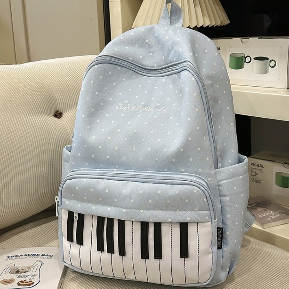 Nylon Polka Dot Print Backpack Color-blocked Cute Large Capacity School Bag Durable Preppy Style Piano Key Backpack Travel