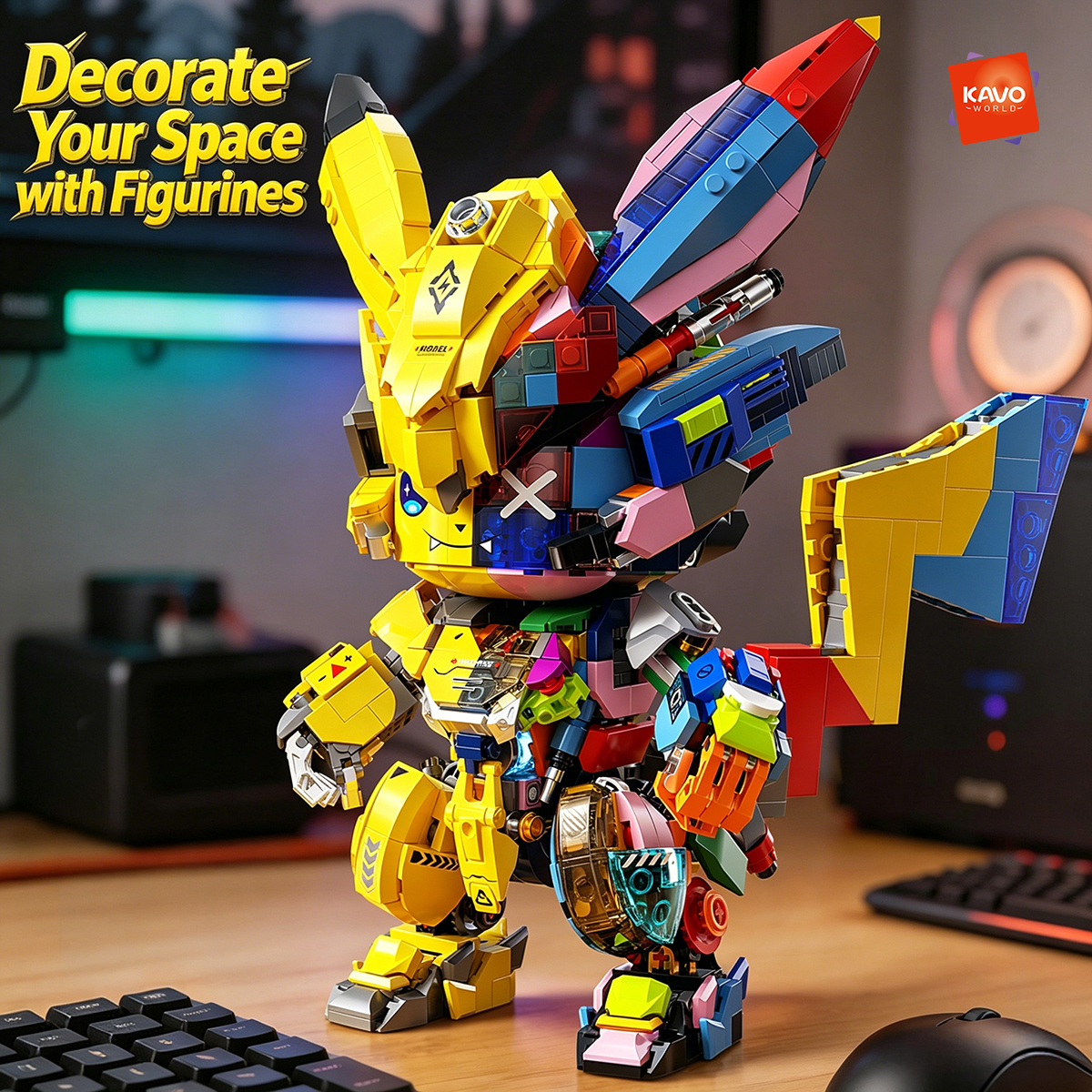 KAVOWORLD DIY Semi Mecha Anime Bouwstenen Set 1505 Stuks Glow Bricks Bureaudecoratie Verzamelmodel voor Bouwfans