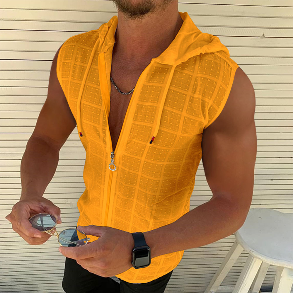 Nueva moda de verano para hombre, camiseta sin mangas con cremallera y capucha, camiseta informal sin mangas para playa, ropa de protección solar para playa con capucha