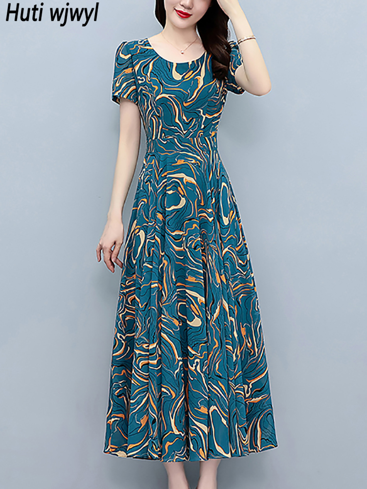 Zomer Blauwe Print Korte Mouw Midi Jurk Vrouwen Mode Elegante Casual Vakantie Gewaad 2024 Koreaanse Bodycon Feest Avond Lange Jurk