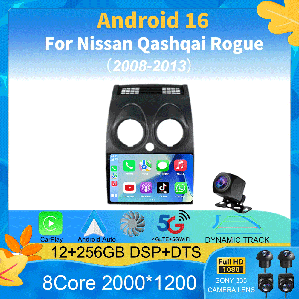 Autoradio pour Nissan Qashqai Rogue 2008-2013 Android 16 Lecteur multimédia GPS Navigation Carplay Android Auto 4G WIFI