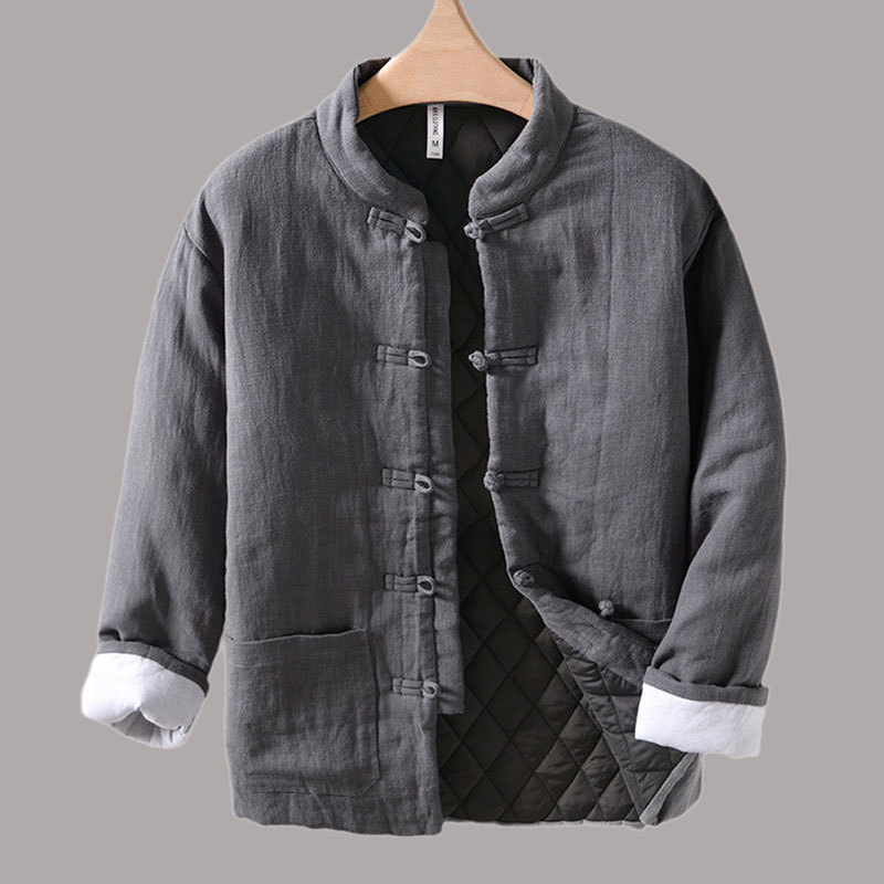 Retro estilo chinês masculino quente acolchoado jaqueta harajuku solto cor sólida all-match algodão linho nó botão outwear jaqueta masculina