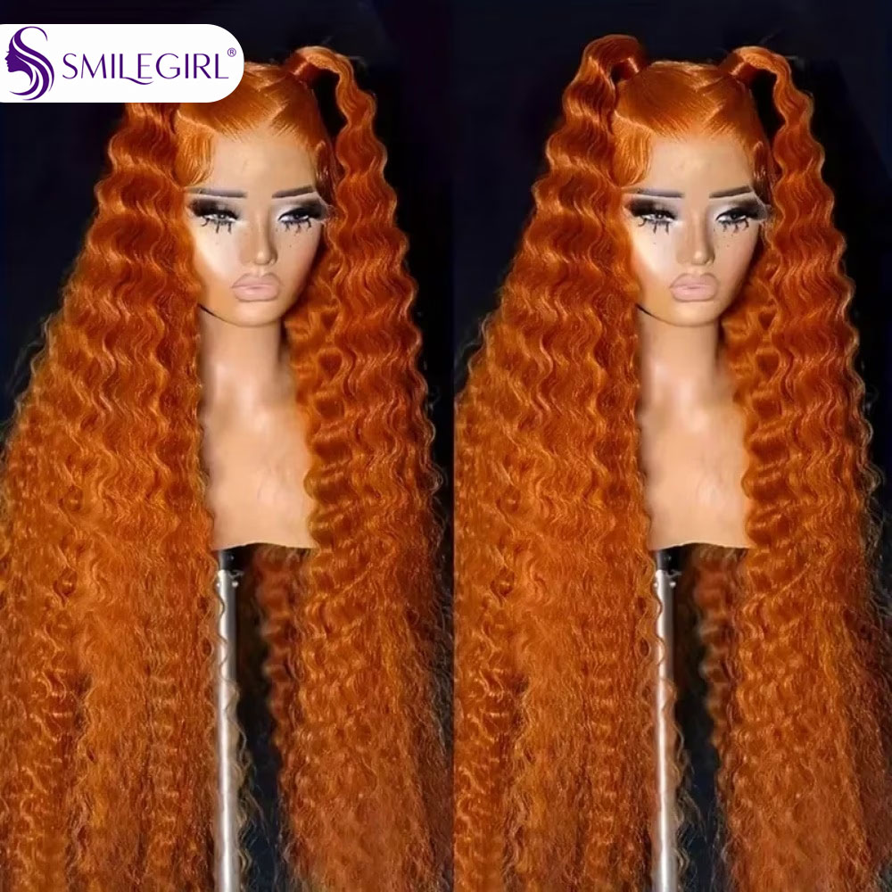 Smilegirl Peruca Frontal de Renda 13x6 de Cabelo Humano Cacheado Laranja Gengibre de 40 Polegadas para Mulheres, Peruca Frontal de Renda 13x4 com Ondas Profundas, Cor 350, Pré-Alongada, Brasileira