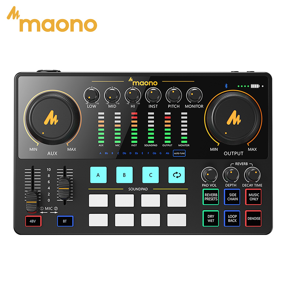 MAONO AME2 ออดิโออินเทอร์เฟซ ซาวด์การ์ด มิกเซอร์ดีเจ ออลอินวัน พกพาสะดวก สำหรับงานพอดแคสต์ สตูดิโอ สำหรับการบันทึกเสียง ไลฟ์สตรีมมิ่ง ยูทูป กีตาร์ พีซี